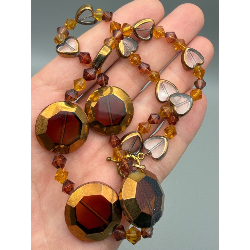 Vintage Amber Glass Beaded Necklace Faceted Hearts Crystal Statement 18" Y2K